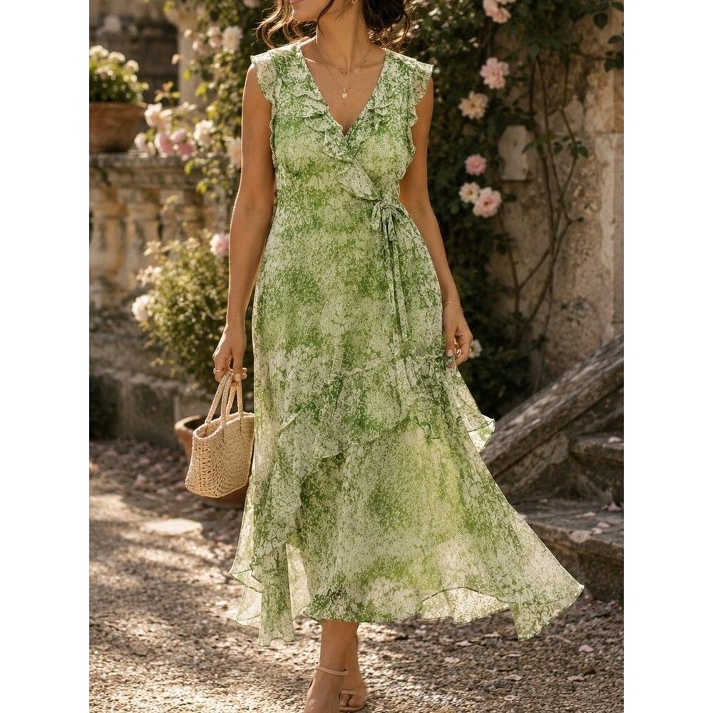 Sundance Womens Silk Wrap Dress Size 8 Green Floral Ruffle Midi Dress